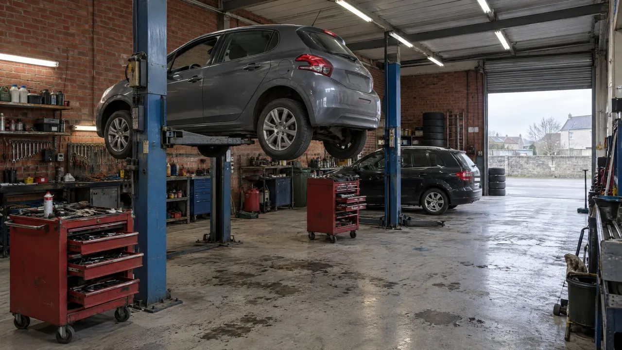 Atelier du garage avec ses deux ponts, une voiture grise levée, servantes rouges et mur de brique, porte roulante ouverte sur la rue