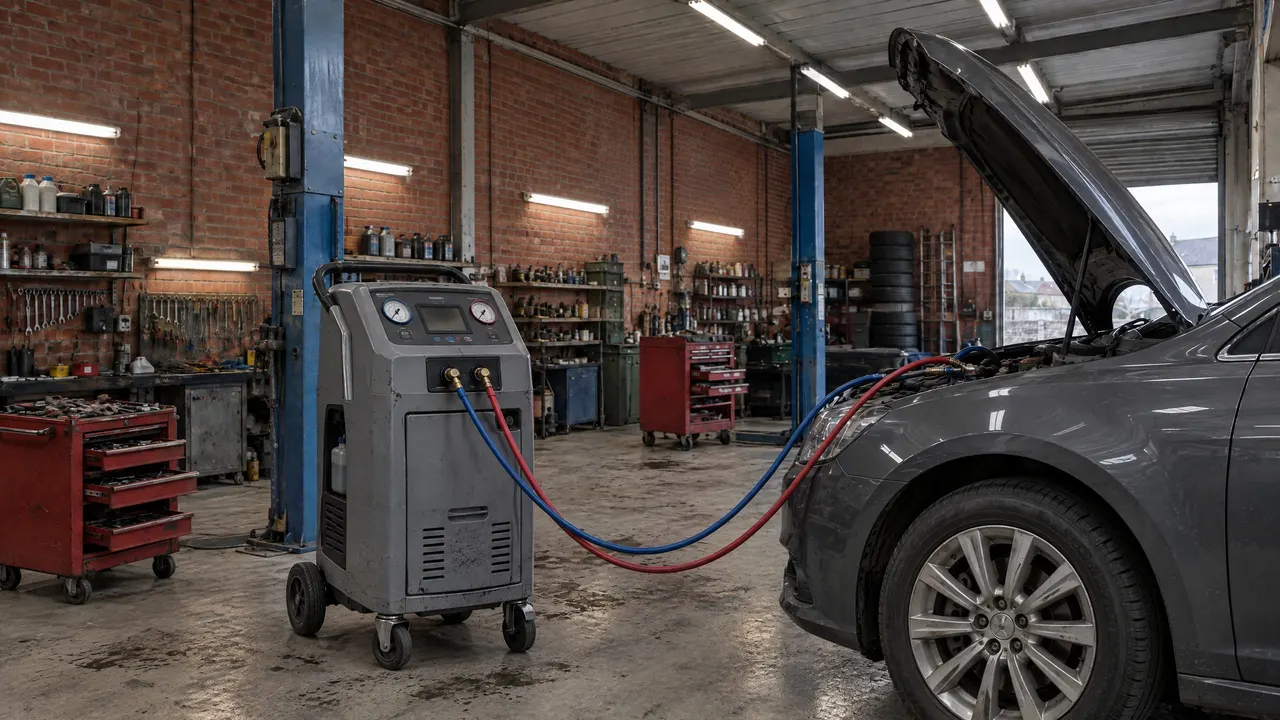 Station de climatisation raccordée au circuit d'une voiture, capot ouvert, dans l'atelier