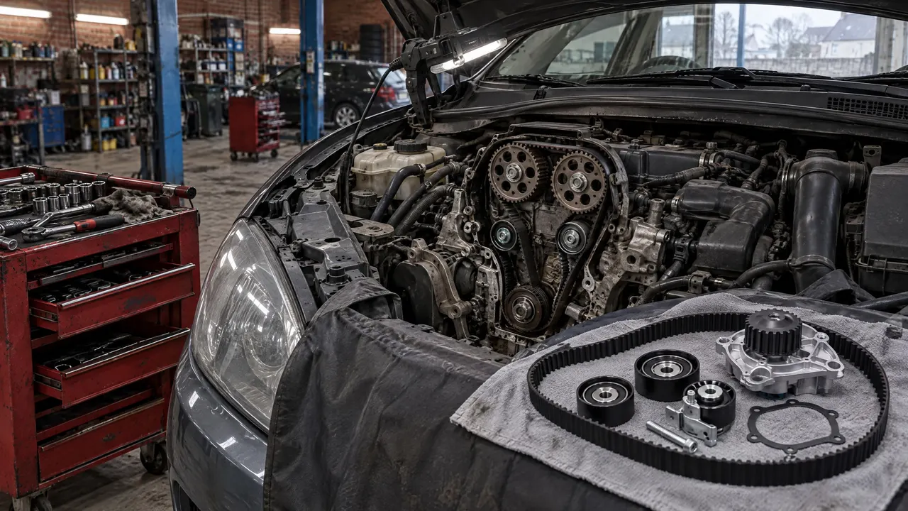 Moteur ouvert sur le côté distribution, courroie et galets neufs en place avant remontage du carter