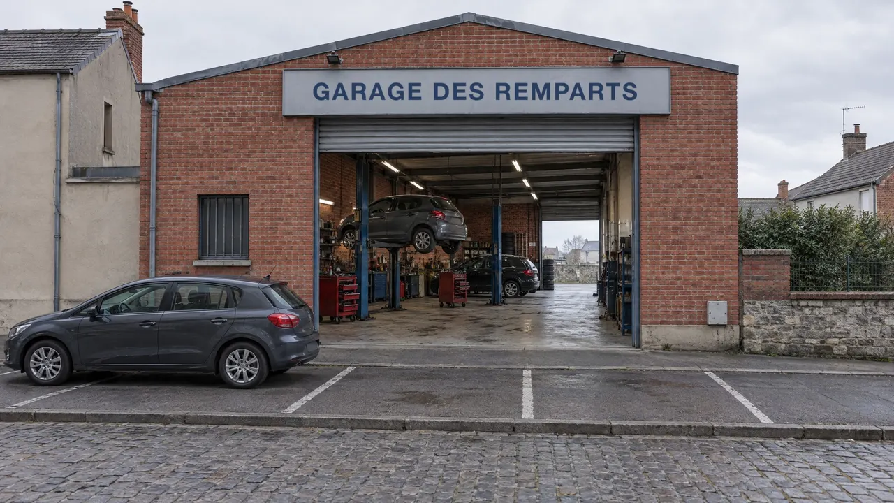 Façade du garage rue du Chemin de Ronde, portail ouvert sur l'atelier, mur de brique et ciel couvert