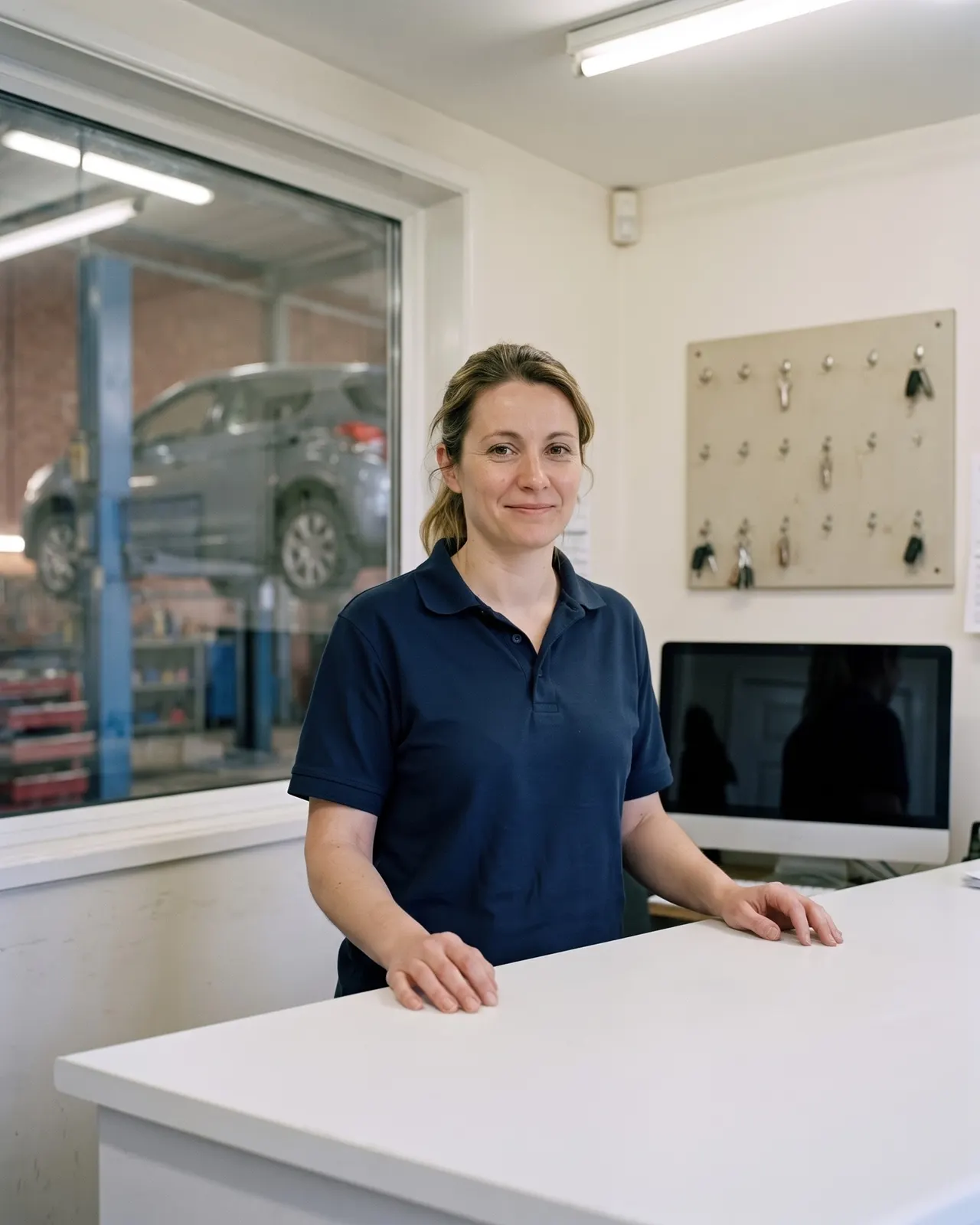 Laura, à l'accueil du Garage des Remparts, derrière le comptoir de réception