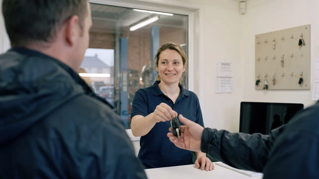 Laura tend les clés d'une voiture à un client au comptoir de l'accueil