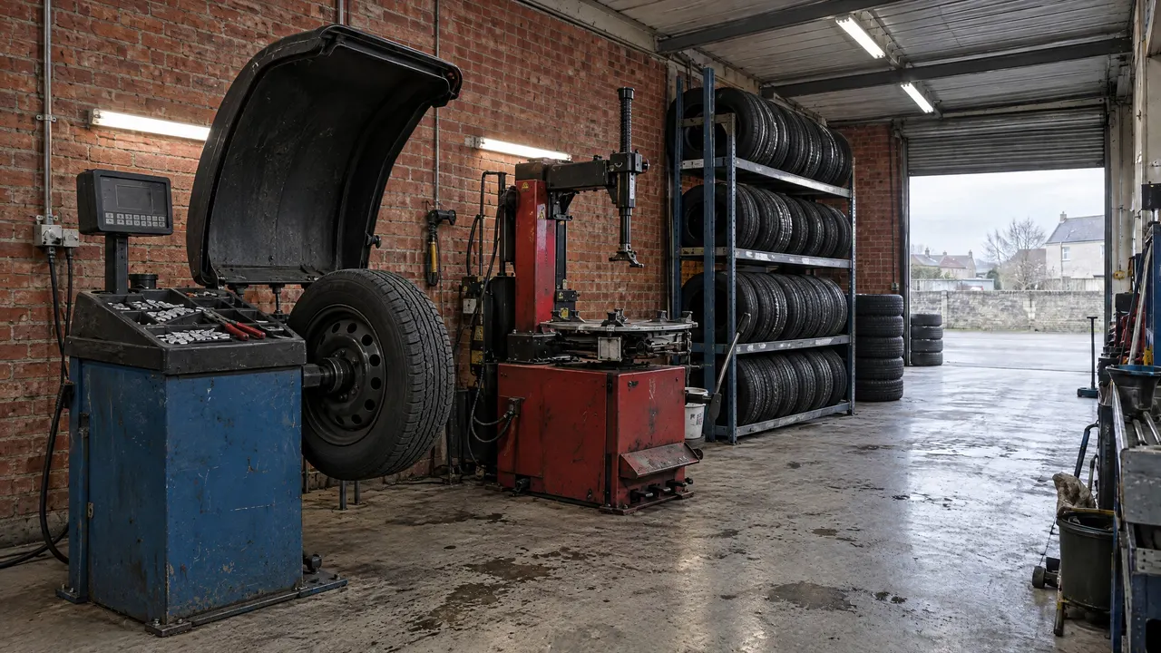 Roue en cours d'équilibrage sur l'équilibreuse de l'atelier, pneu neuf monté