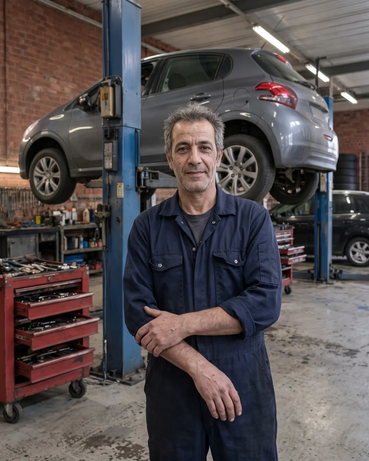 Stéphane, gérant du Garage des Remparts, en bleu de travail marine devant les deux ponts de l'atelier